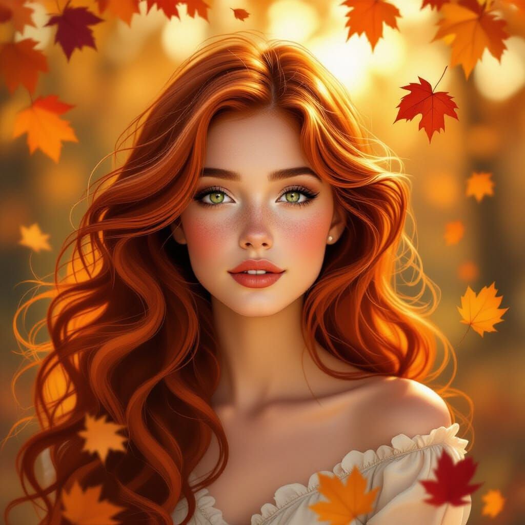 Whimsical Portrait of Woman with Swirling Red Hair in Golden...