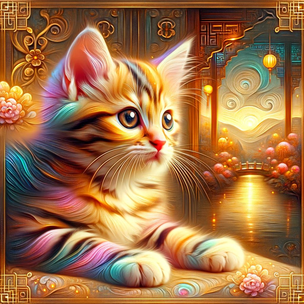 Dreamy Oriental Garden Scene with Kitten in Pastel Hues and ...