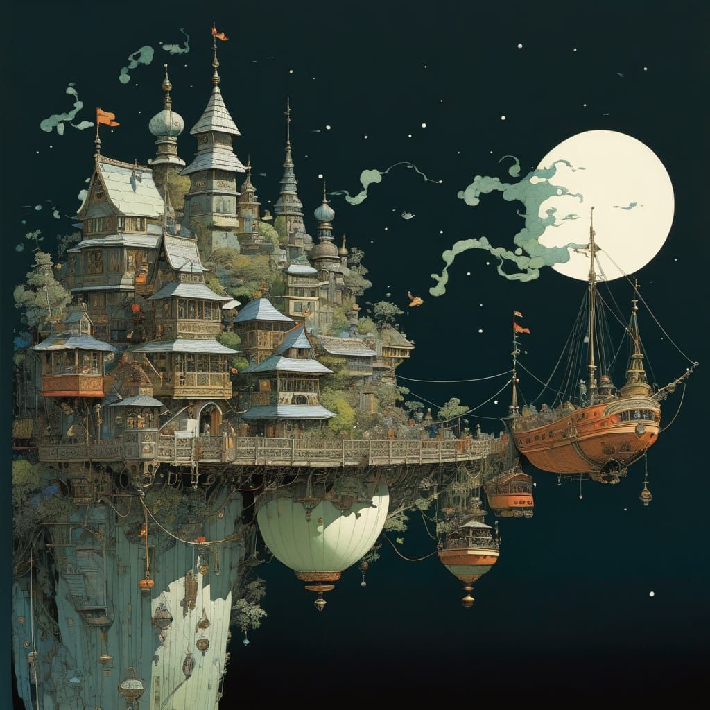 Intricate Landscape Scene in Whimsical Style