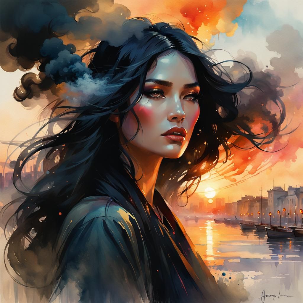 Ethereal Smoke Girl Portrait in Watercolor Style