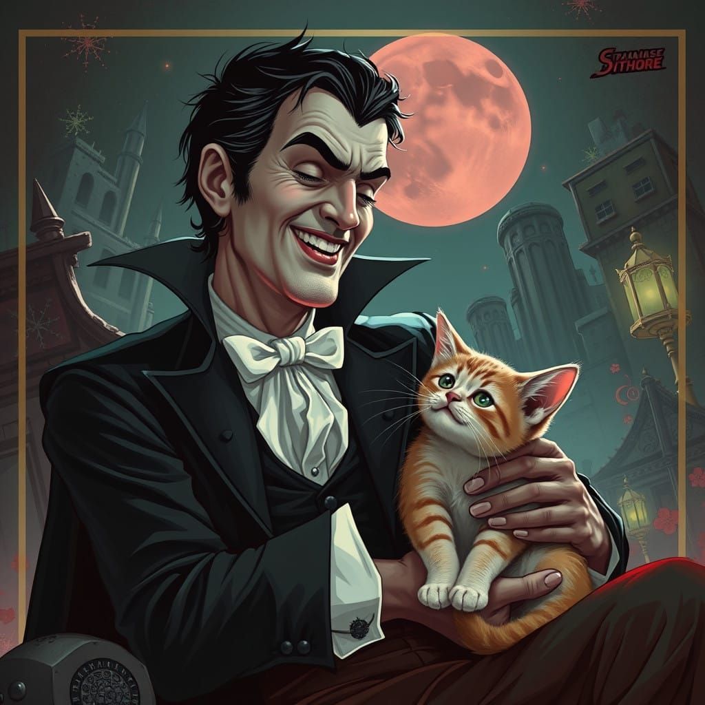 Vampire Enjoys Whimsical Moment with Kitty in Lap, Romanesqu...