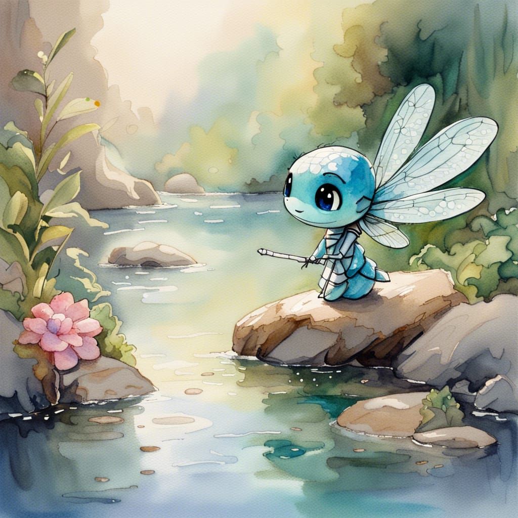Watercolor Chibi Dragonfly Inspired by Disney Ghibli