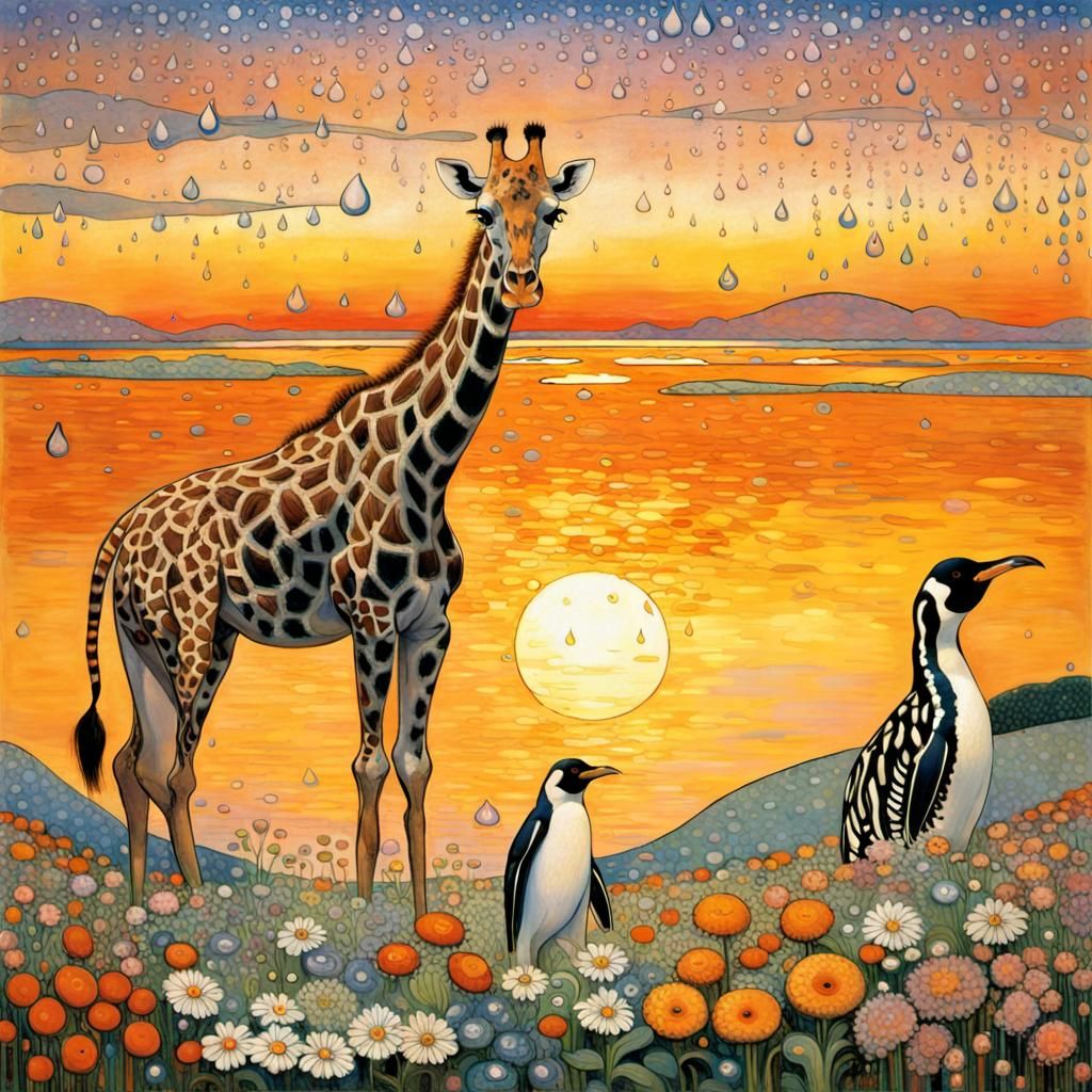 Giraffe, Tiger, and Penguins in Klimt Style