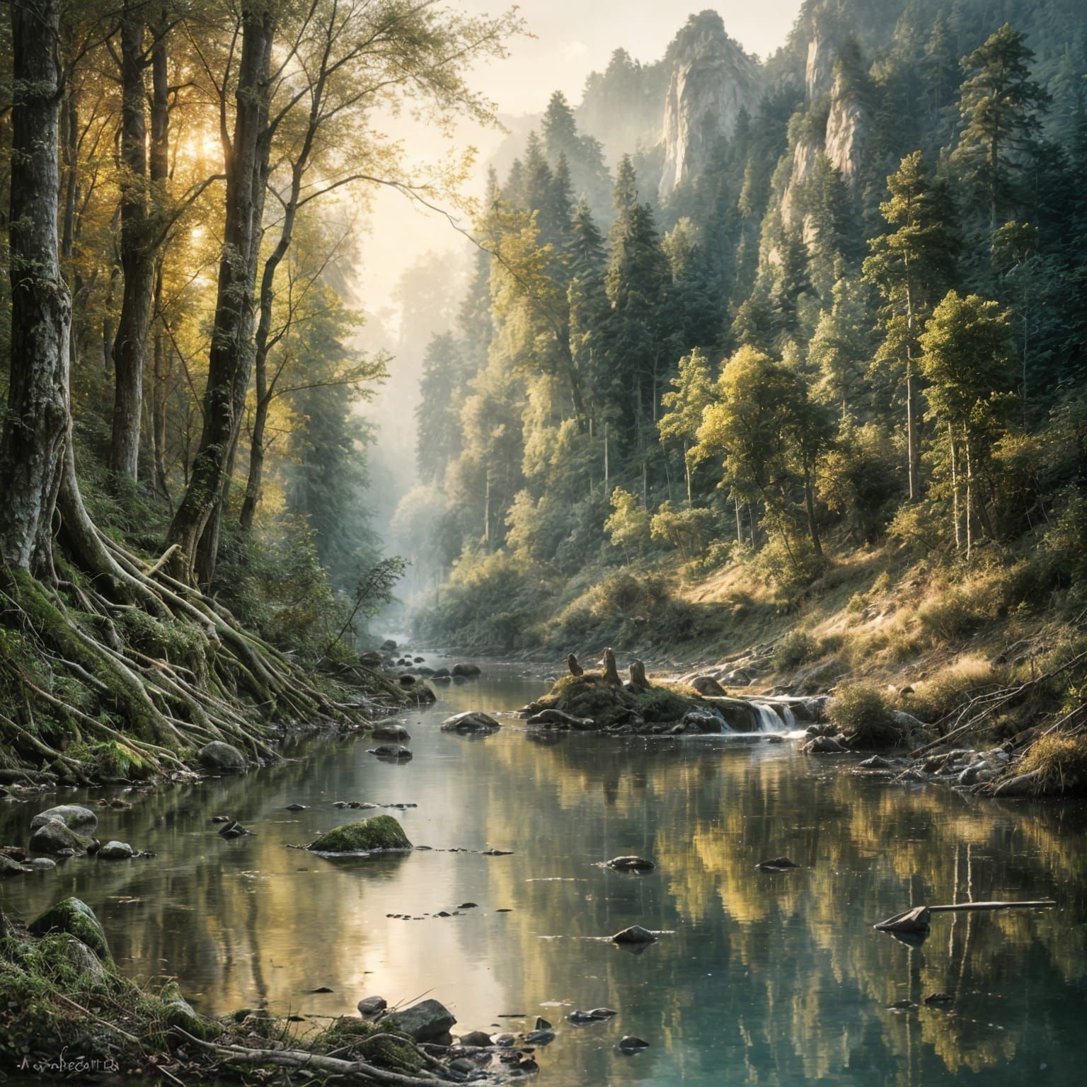 Quiet Stream at Dawn with Soft Light