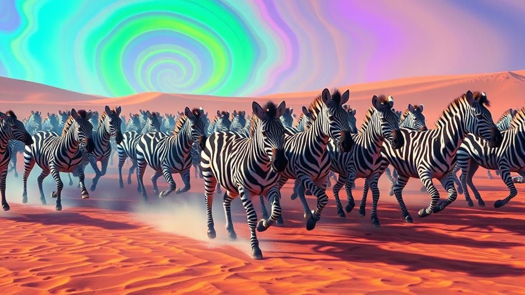 A swarm of zebras stampedes through a psychedelic desert