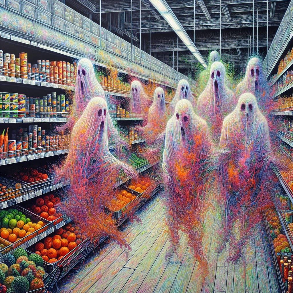 Colorful Ghosts Shop in Hyperrealistic Supermarket Painting