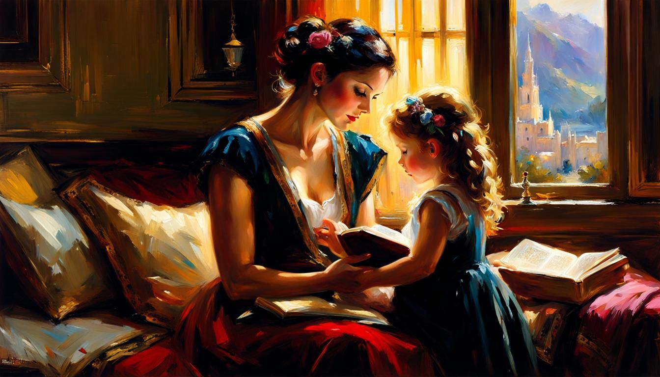 Mother and Daughter Reading, Fine Art Oil Painting