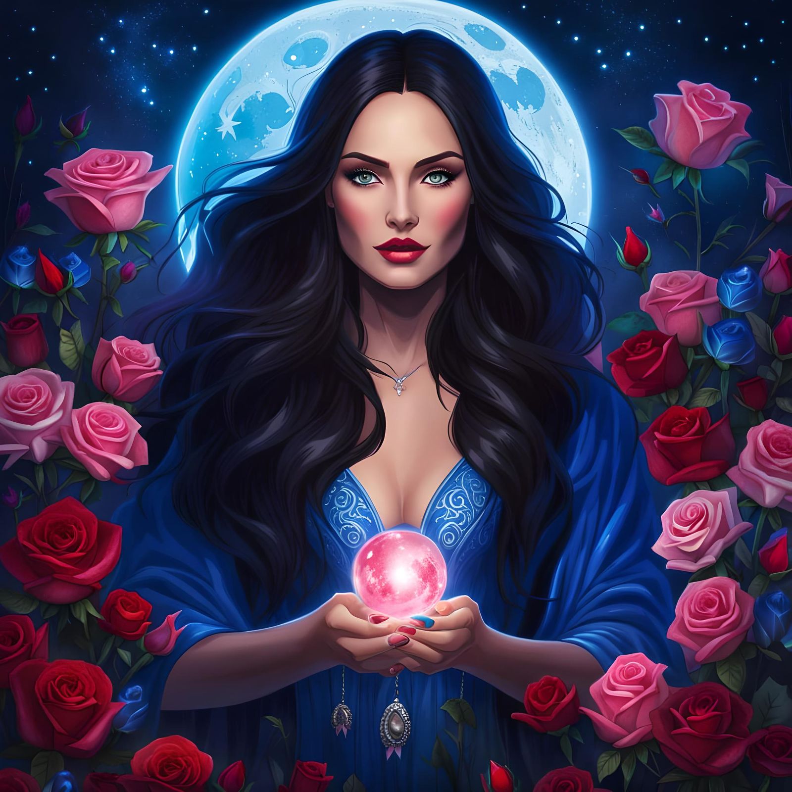 Enchantress Surrounded by Roses in Digital Art
