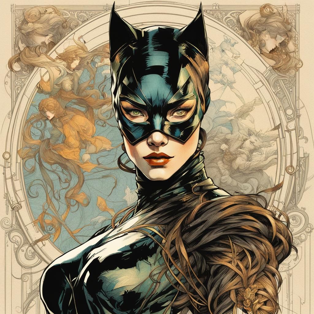 Catwoman Blueprint in Art Nouveau Graphic Novel Style