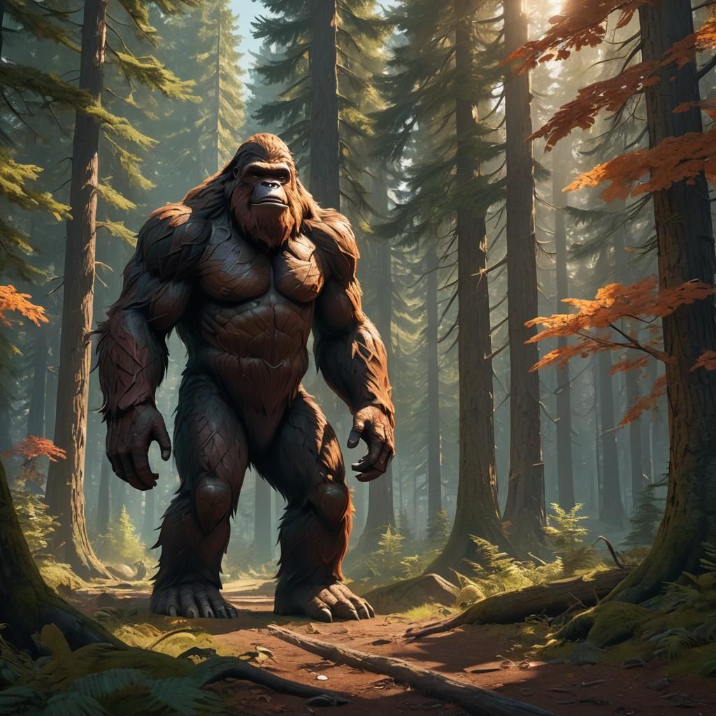 A giant Bigfoot, reddish brown in color, walking in deep woods