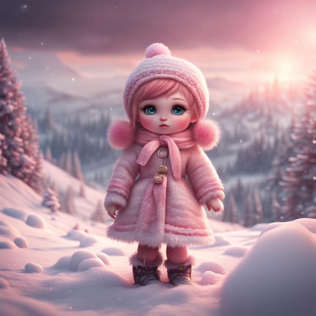 Cute Pink Doll in Snowy Landscape