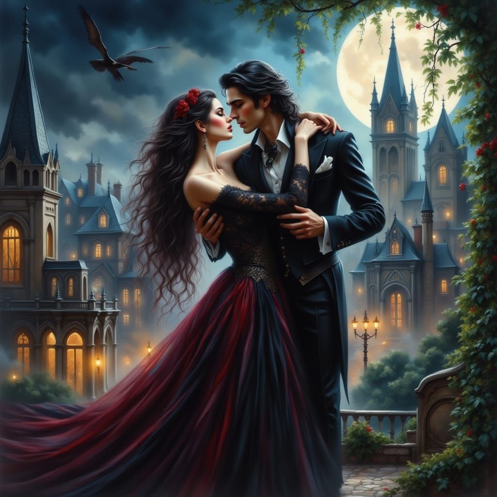 Vampire and Woman Dance on Rooftop, Gothic City