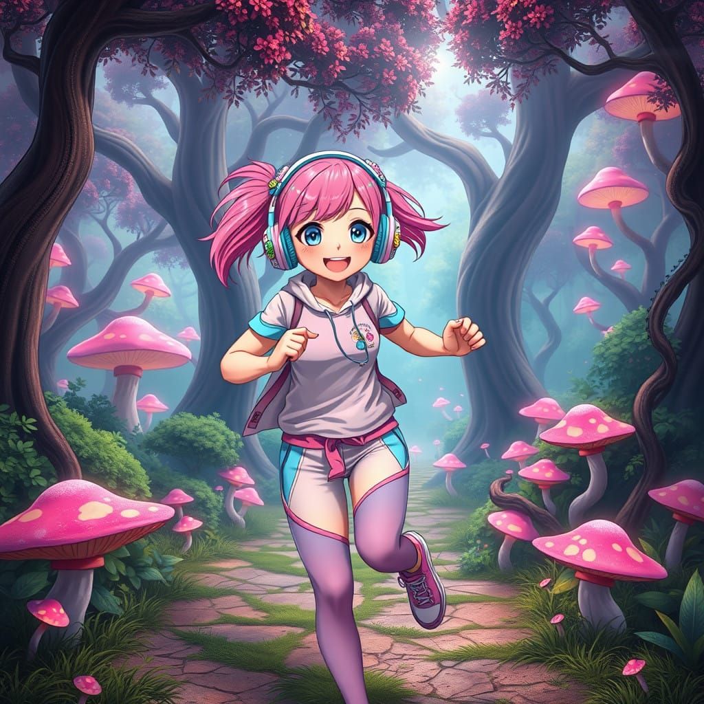 Vibrant Anime Girl Runs in Whimsical Fantasy Park