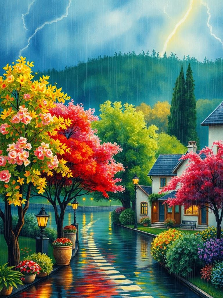 Rainy Village: A Watercolor Impression in Art Nouveau Style