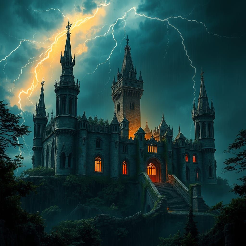 Haunted Castle in a Stormy Forest