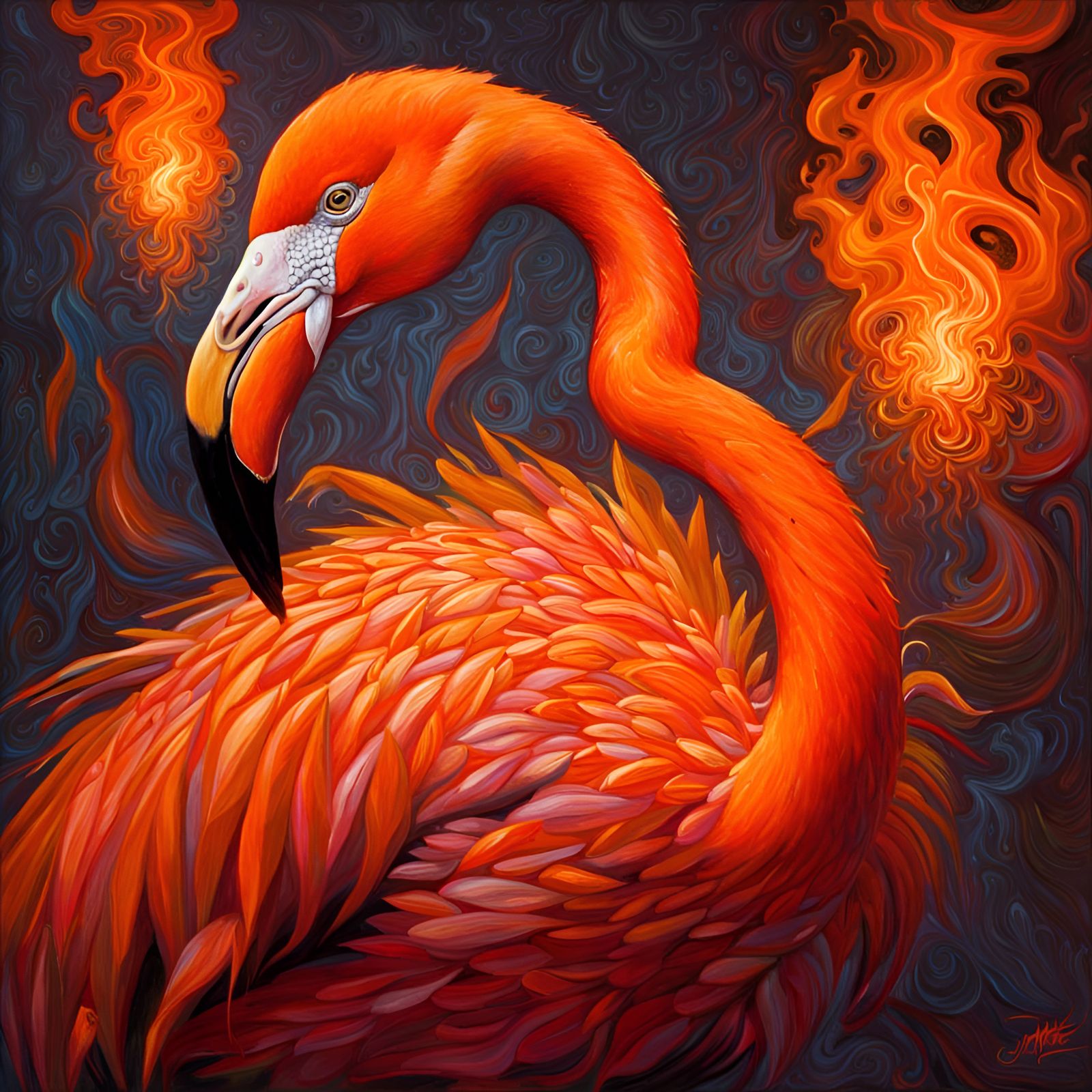 Flaming Flamingo in Fiery Oil Painting Style