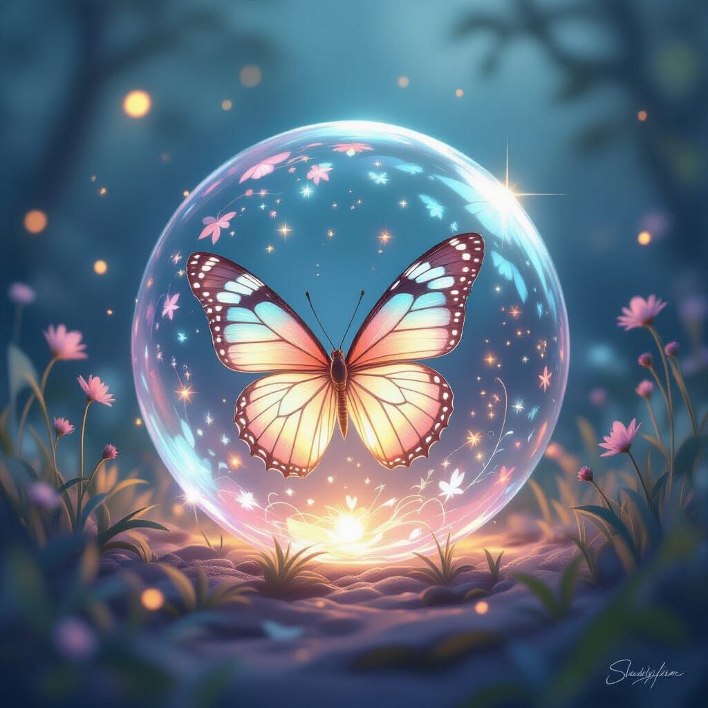 Butterfly in Ethereal Orb: Whimsical Twilight World