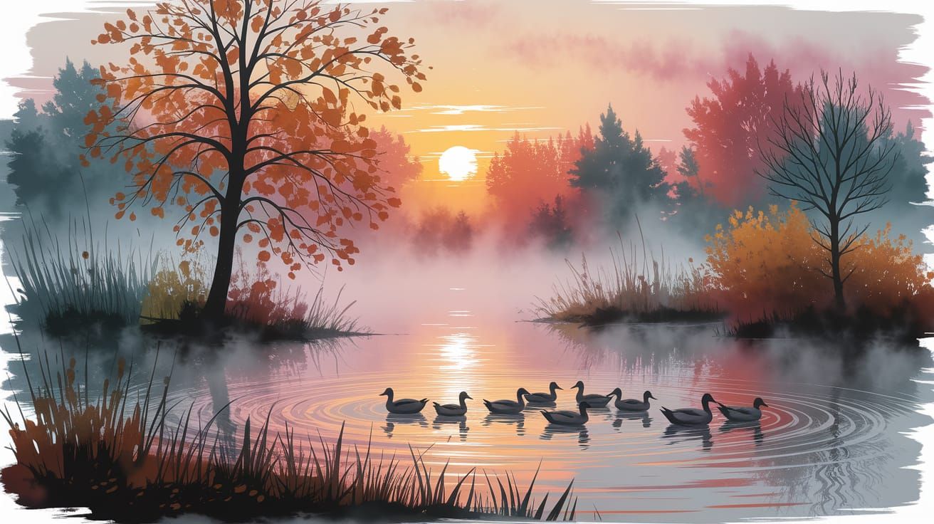 Misty Fall Sunrise Over Pond with Ducks in Watercolor