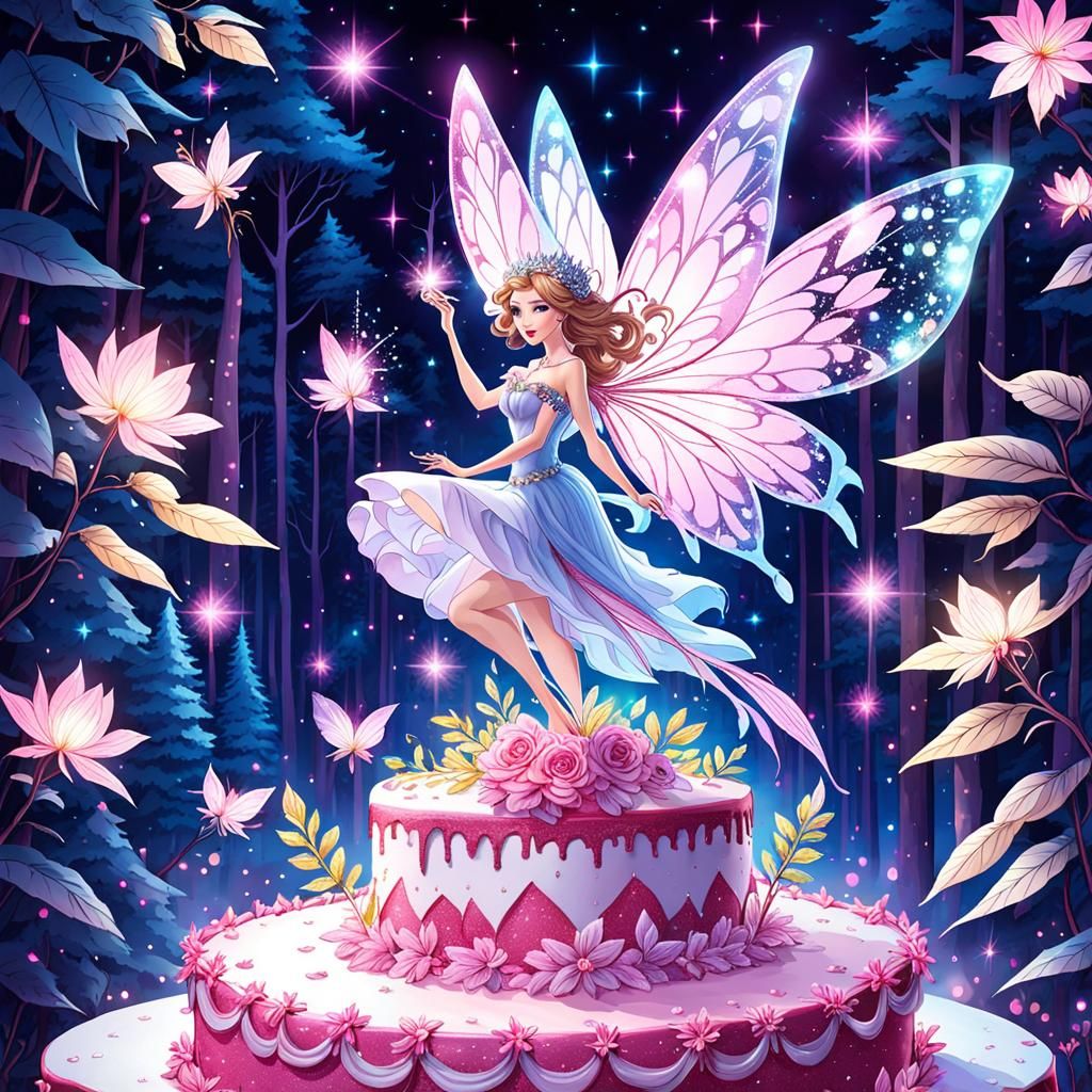 Sparkling Fairy Flying Over Pink Cake Drawing