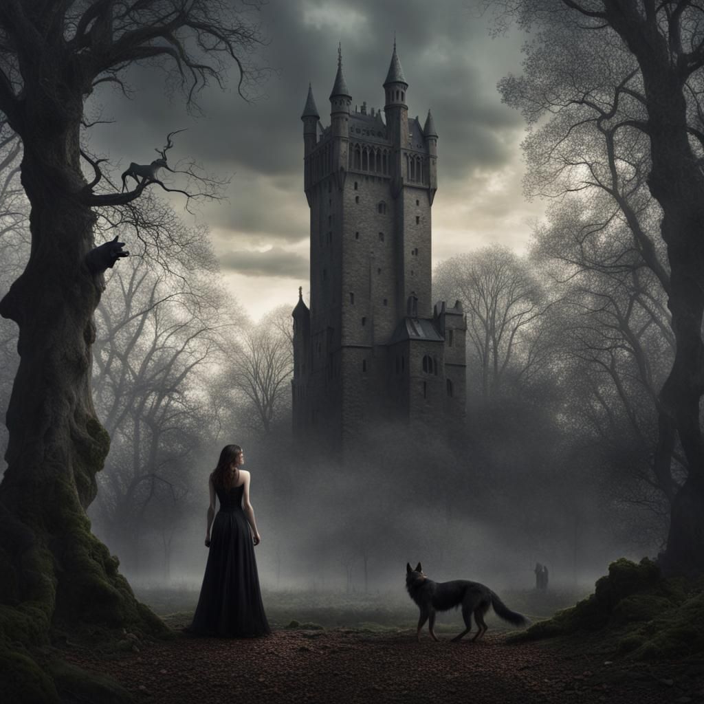 Werewolf and Woman Before Medieval Tower