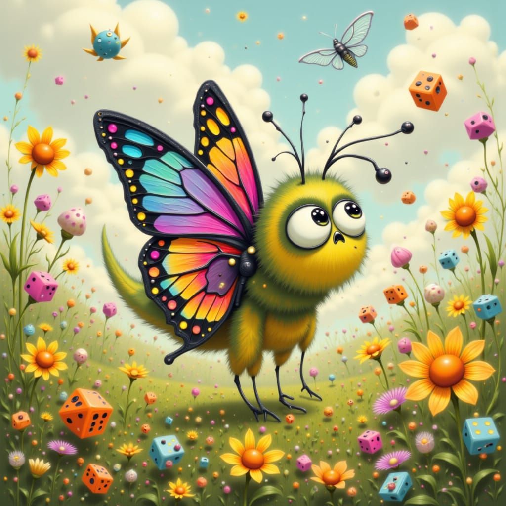 Bewildered Butterfly Ponders Dice in Whimsical Meadow