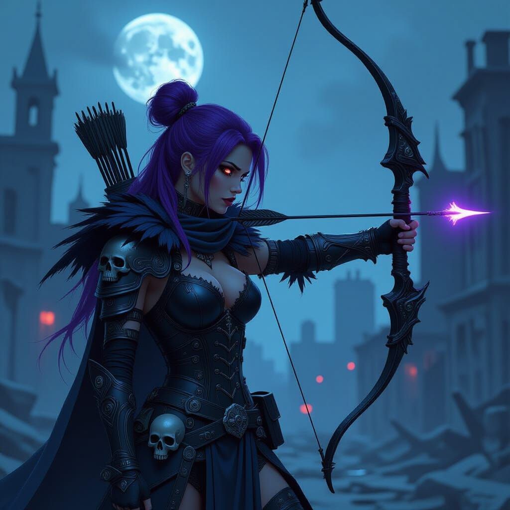 Gothic Huntress with Futuristic Bow in Urban Decay