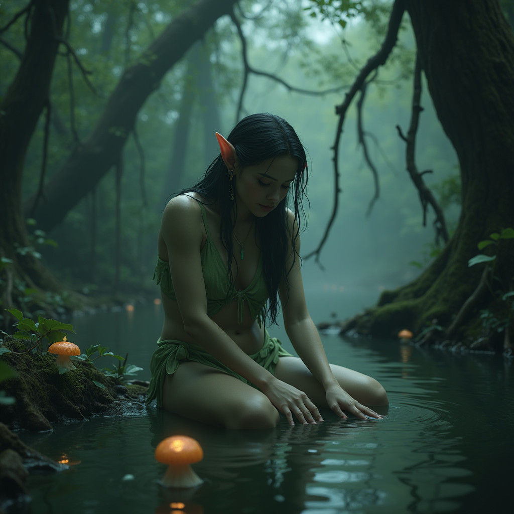 Nymph Elf Ranger in Ominous Forest, Matte Painting