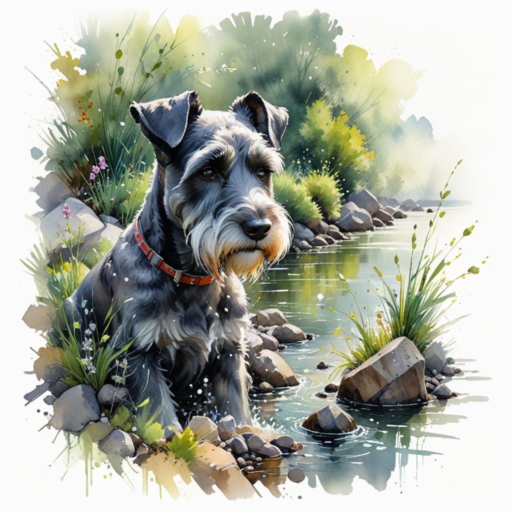 Joyful Schnauzer on a Spring Riverbank