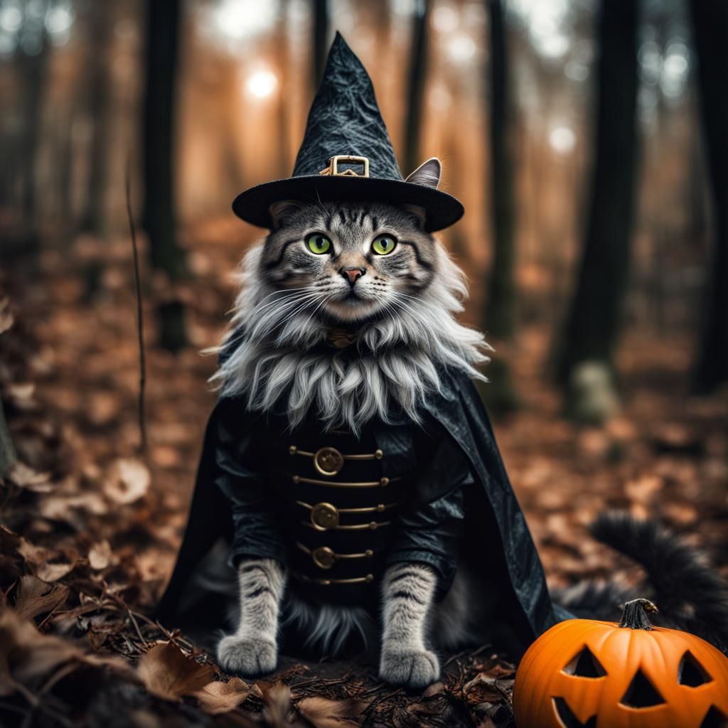 Cat in Costume in Forest, Hyperrealistic Image