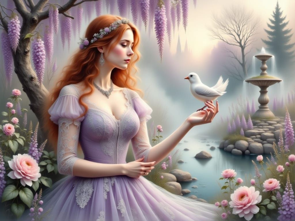 Woman in Lavender Gown with Bird, Watercolor Style
