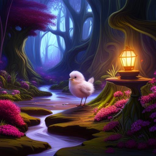 Fluffy Baby Bird in a Sparkly Forest