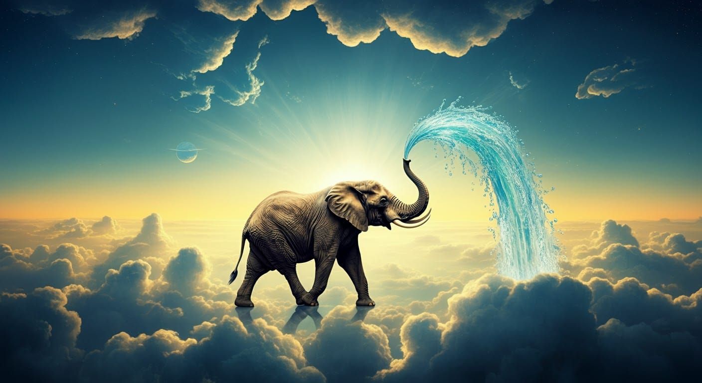 Elephant Walking on a Rainbow in Dreamlike Painting