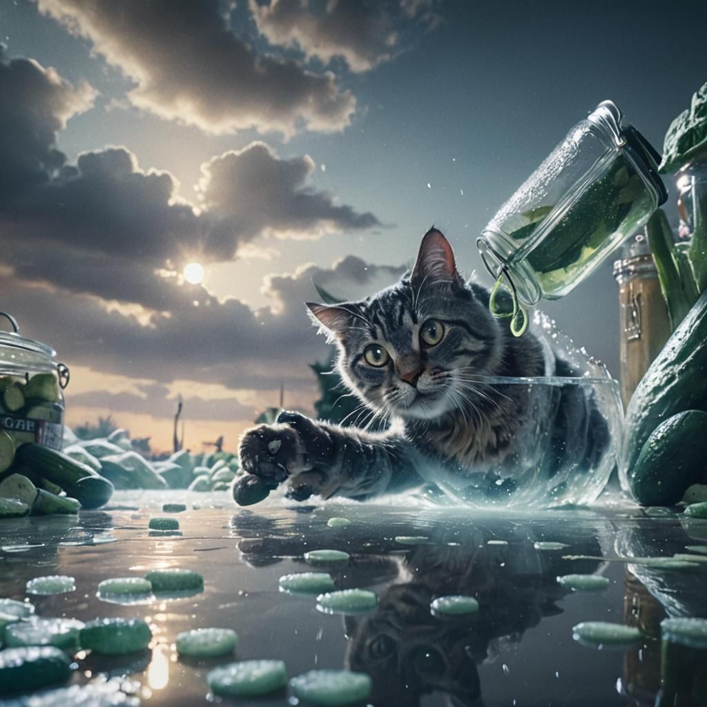 Cat Reaching for Pickles: Cinematic Film Still