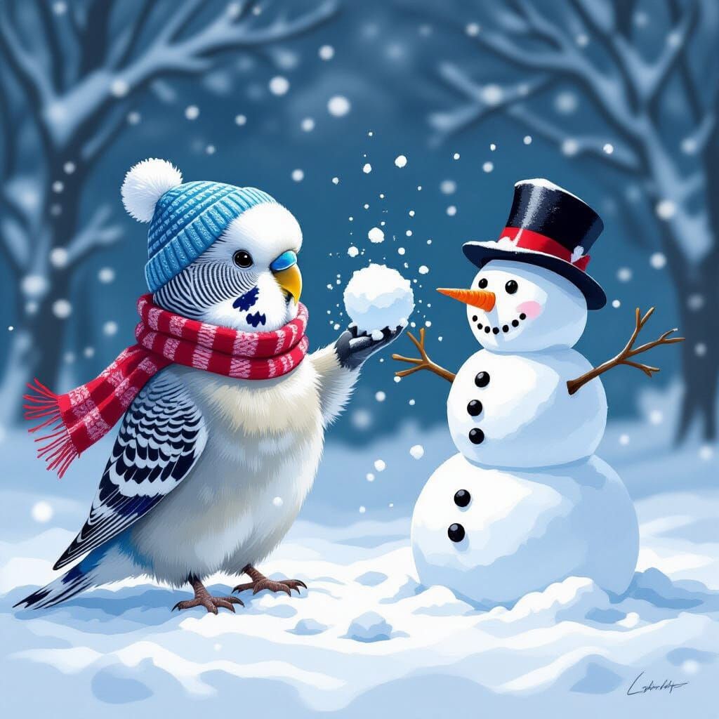 Budgerigar Throws Snowball in Realistic Wildlife Art