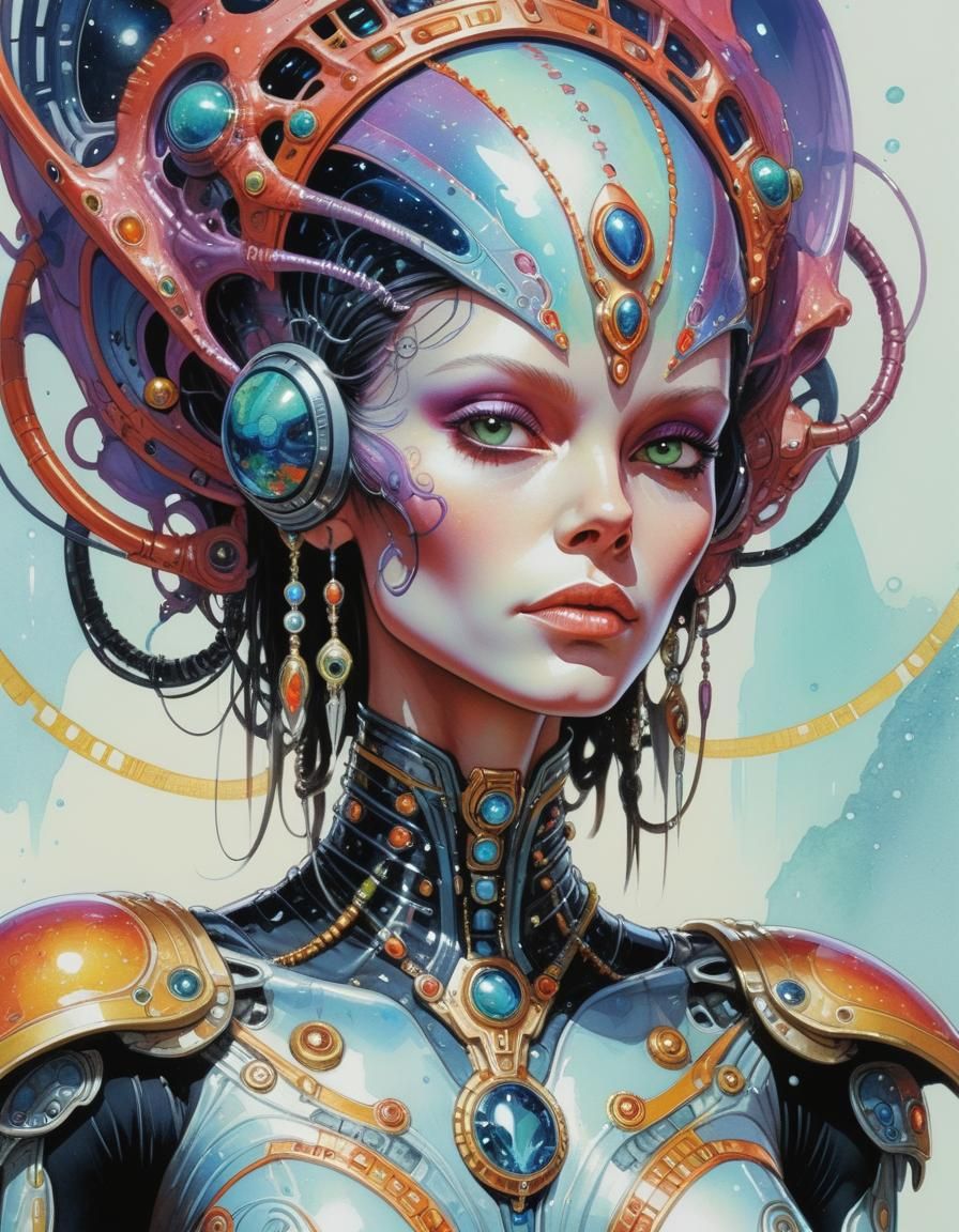 Pretty Alien in Sci-Fi Outfit: Vivid Acrylic Portrait