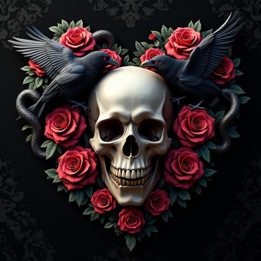 Dark Ornate Skulls in Damask Black Background