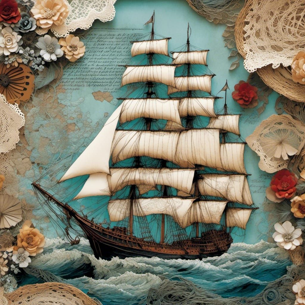 Whimsical Sailing Ship Collage in Mixed Media