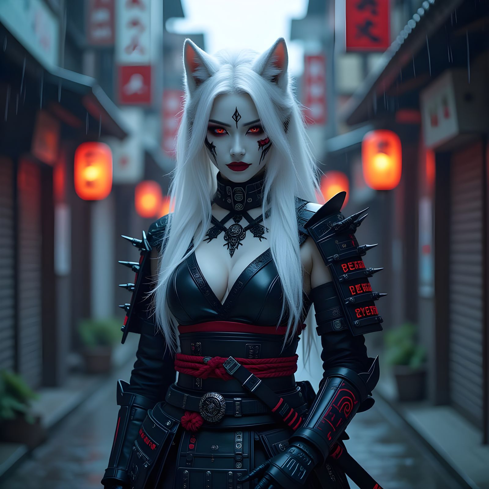 Japanese Goth Werewolf Samurai in Cyberpunk Neo-Tokyo