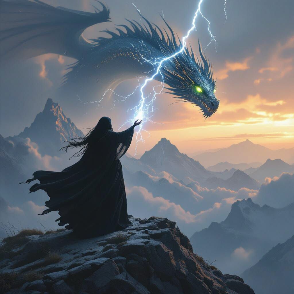 Sorceress Summons Dragon on Windswept Peak in Cinematic Styl...