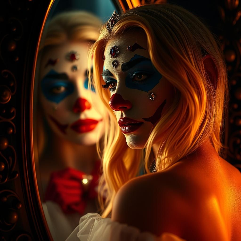 Clown in Ornate Makeup Before Antique Mirror