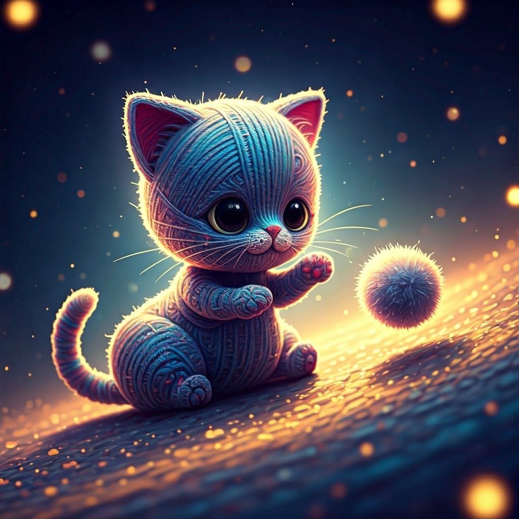 Yarn Chibi Cat Playing Under Starry Sky