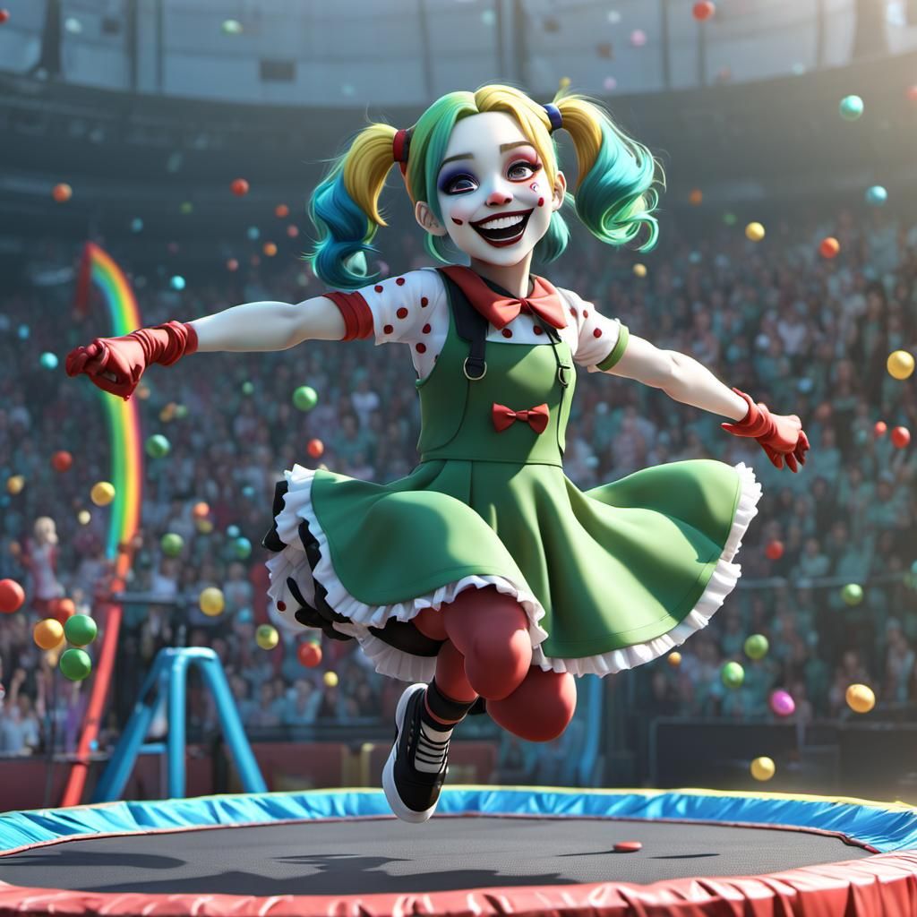 Rainbow Puking Anime Girl on Trampoline in 3D