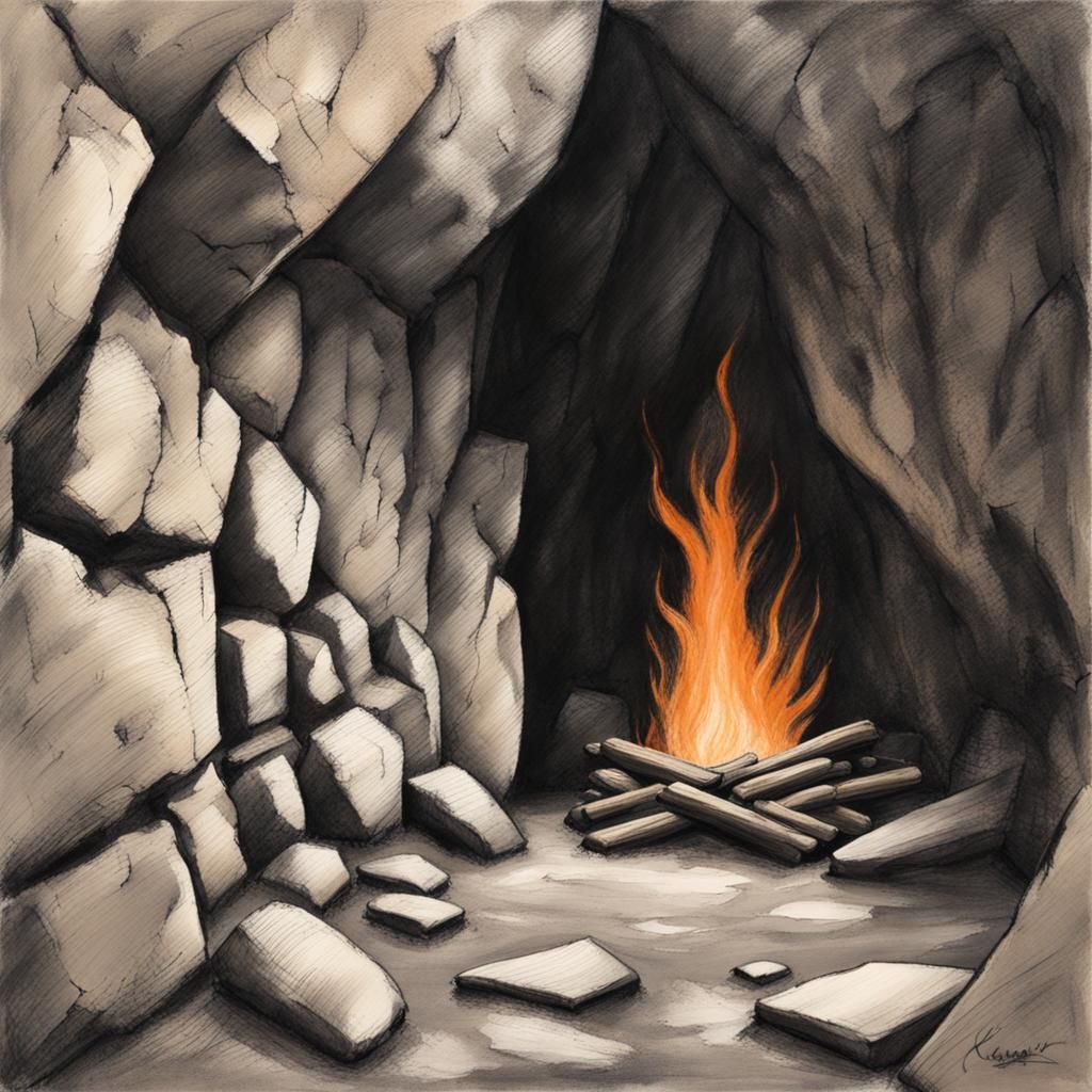 small fire burning in crevice.