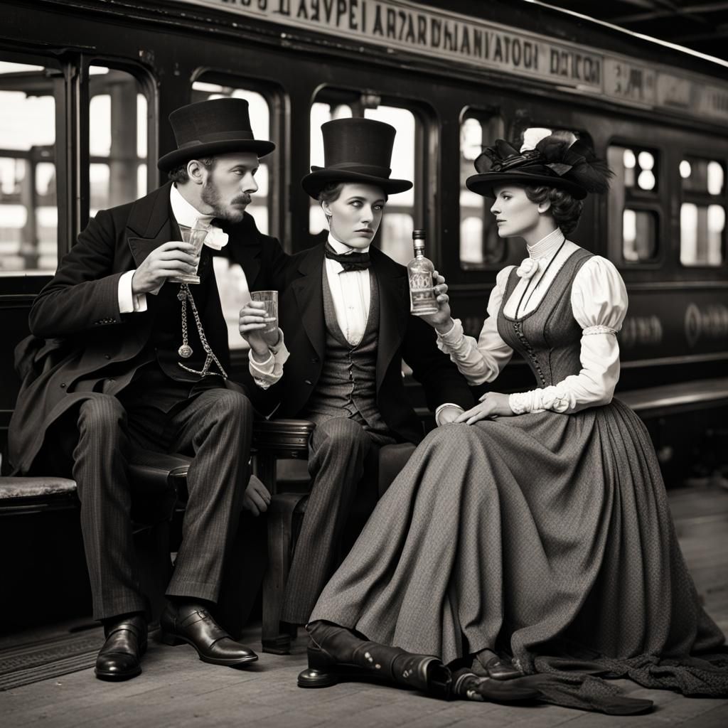 1890s Style Black and White Train Station Scene