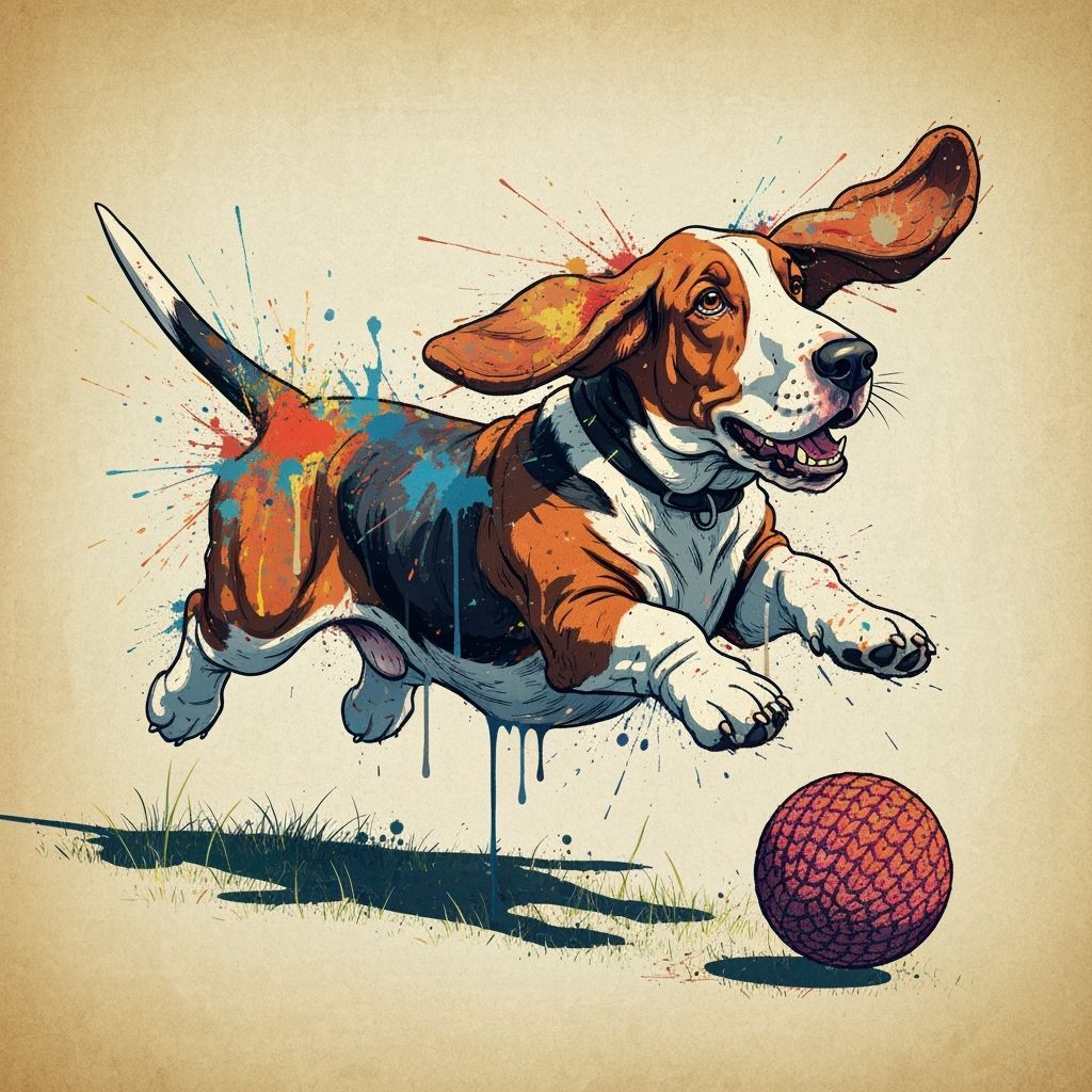Basset Hound in Splatter Paint Style Chasing Ball