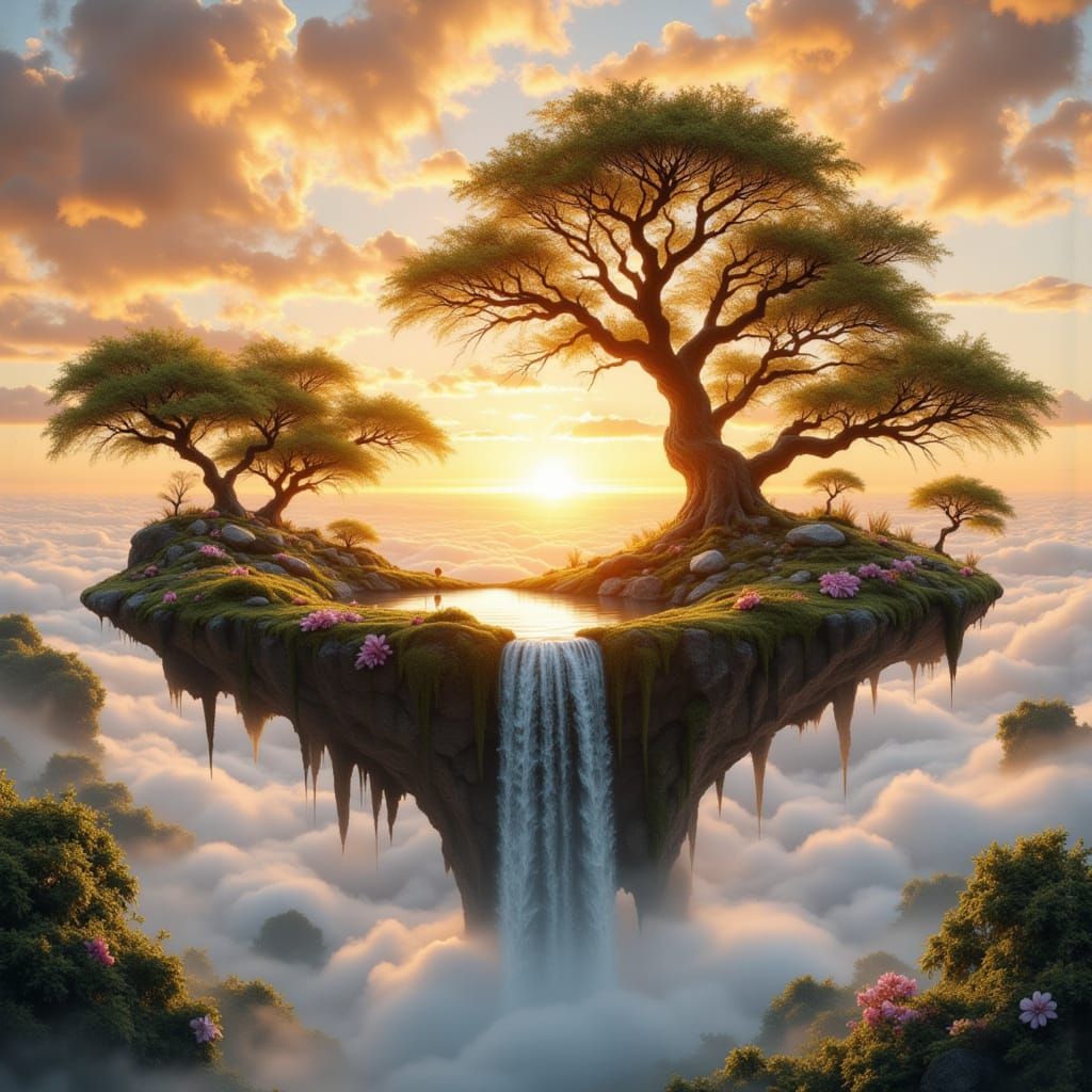 Floating Island Pond at Sunset in Unreal Style