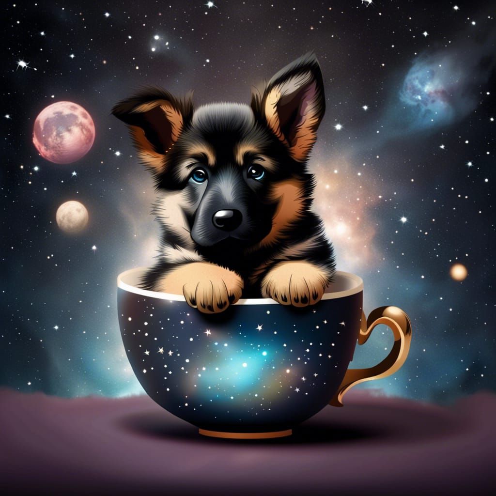 German Shepherd Puppy in Space Teacup