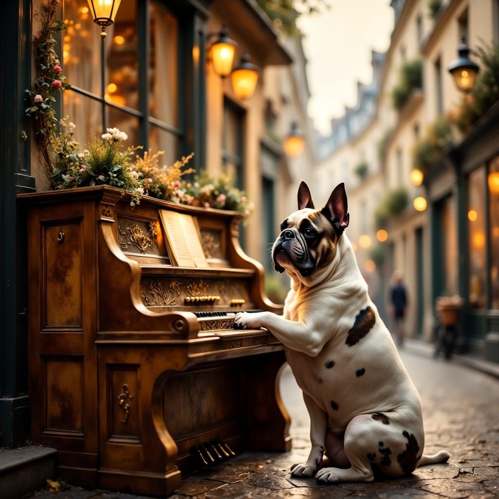 Bulldog Listens to Barrel Organ Music in Paris