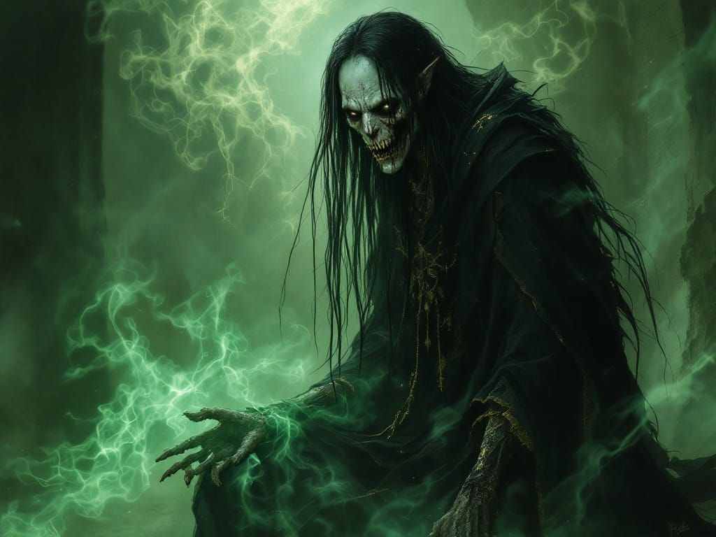 Undead Elvish Figure in Tattered Black Robes Amidst Ghostly...
