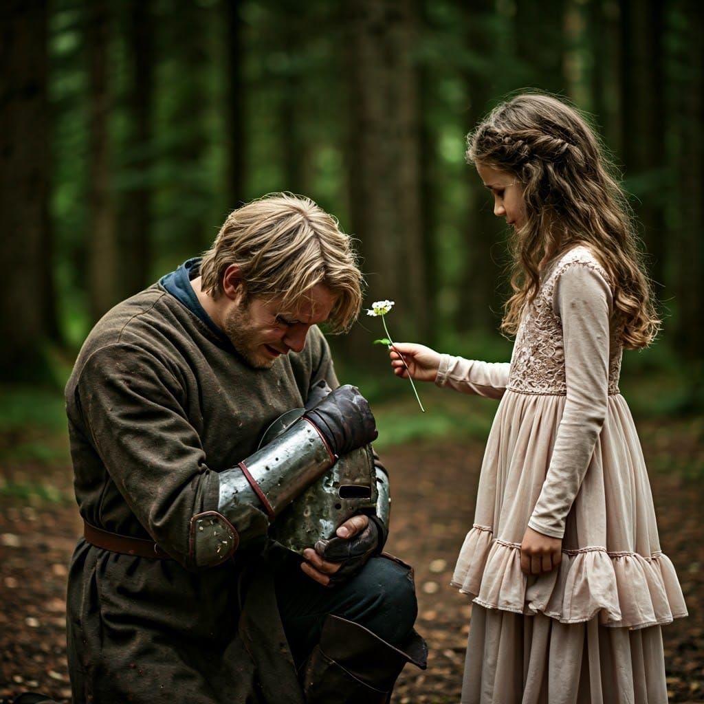 Battle Worn Knight Receives Flower from Young Girl in Forest